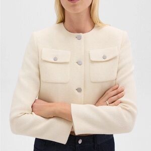 Theory Pocket Cardigan Jacket Plush Tweed Wool Blend Blazer Coat in Ivory Size 6